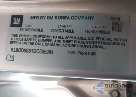 2013 Chevrolet Spark 1Lt Auto from USA, damaged, VIN KL8CD6S91DC565984